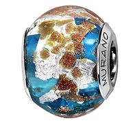 Thabora charms coulissant argent rhodié Murano bleu clair pailleté et feuille argente + suédine (offerte) + Certificat d'Authenticité Argent 925‰