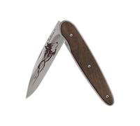 Thabora Couteau Acier Finition Titane Gris plaquette Pleine Bois foncé Motif «Loup Tribal» Couteau Acier Finition Titane Gris plaquette Pleine Bois foncé Motif «Loup Tribal»