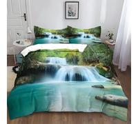 Thaïlande Parc National D'Erawan Vert Forêt Parure de Lit 200x200 cm Vert Housse de Couette Imprimé Microfibre Confortable Ensemble de Literie avec Fermeture Éclair et 2 Taies d'oreiller