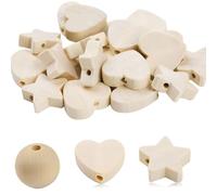 ThaiRoot Perles de Bois en Forme de Coeur à enfiler 90 Pièces 20 mm Perles de Bois Naturel en Forme de Coeur Rond en Forme d'Étoile Ensemble de Perles en vrac avec Trou Perles d'espacement vides