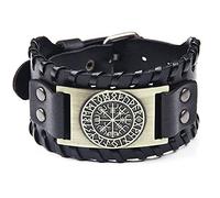 Thajaling Bracelet manchette en cuir noir antique pour homme - Style pirate classique - Motif boussole vintage, One Size, Cuir, One Size, Cuir