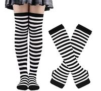 Thajaling Chaussettes pour femmes, ensemble de gants rayés sans doigts, chaussettes longues rayées pour filles, gants à trous pour Halloween (Noir/Blanc)