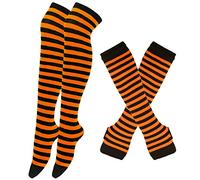 Thajaling Chaussettes pour femmes, ensemble de gants rayés sans doigts, chaussettes longues rayées pour filles, gants à trous pour Halloween (Orange/Noir)