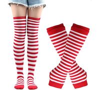 Thajaling Chaussettes pour femmes, ensemble de gants rayés sans doigts, chaussettes longues rayées pour filles, gants à trous pour Halloween (Rouge/Blanc)