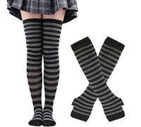 Thajaling Chaussettes pour femmes, ensemble de gants rayés sans doigts, chaussettes longues rayées pour filles, gants à trous pour Halloween (Gris/Noir)
