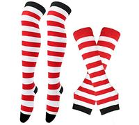 Thajaling Chaussettes pour femmes, ensemble de gants rayés sans doigts, chaussettes longues rayées pour filles, gants à trous pour Halloween (Noir/Blanc/Rouge)