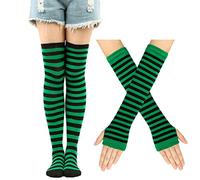 Thajaling Chaussettes pour femmes, ensemble de gants rayés sans doigts, chaussettes longues rayées pour filles, gants à trous pour Halloween (Vert/Noir)