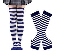 Thajaling Chaussettes pour femmes, ensemble de gants rayés sans doigts, chaussettes longues rayées pour filles, gants à trous pour Halloween (Bleu/Blanc)