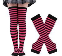 Thajaling Chaussettes pour femmes, ensemble de gants rayés sans doigts, chaussettes longues rayées pour filles, gants à trous pour Halloween (Rose/Noir)