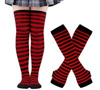 Thajaling Chaussettes pour femmes, ensemble de gants rayés sans doigts, chaussettes longues rayées pour filles, gants à trous pour Halloween (Noir/Rouge)