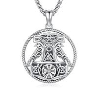 Thanches Collier viking avec pendentif en argent sterling 925 doré et marteau de Thor Mjolnir avec croix celtique loup Odin Corbeau Freya déesse païenne nordique boussole Vegvisir Yggdrasil Viking