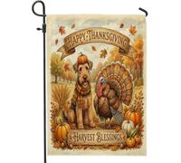 Thanksgiving Airedale Terrier Dog Front Yard Backyard Toile de jute Drapeaux de jardin 30,5 x 45,7 cm Double face pour extérieur, récolte Turquie Petite Maison Drapeaux Automne Porche Pelouse Drapeaux