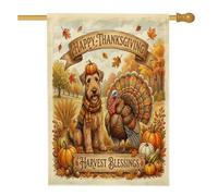 Thanksgiving Airedale Terrier Dog Front Yard Backyard Toile de jute Maison Drapeaux double face pour extérieur, récolte Turquie, maison, porche