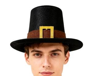 Thanksgiving Costume Hat - 25x15x3cm Woolen Novelty Pilgrim Top Hat | Classic Black Retro Accessory Featuring Gold Buckle For Turkey Day Family Celebrations School Plays Festivals Party Cosplay