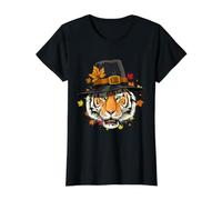 Thanksgiving Tiger Cat Pèlerin Jour de la Dinde Automne Tiger Lover T-Shirt Graphique avec Valeur, Femme, Noir, XS