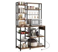 Thaookte Étagère de cuisine sur pied avec prises - Étagère micro-ondes avec étagères, panier métallique et 4 crochets - Étagère de boulangerie pour appareils, casseroles et épices - 90 x 40 x 178 cm