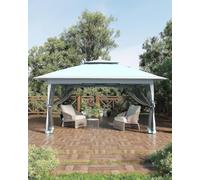 Thaookte Gazebo Pliable 3,6x3,6 m avec Moustiquaire, Toit Aéré, Double Toile, 4 Sacs de Sable et Housse à roulettes - Abri Imperméable pour Terrasse, Fête ou Marché - Bleu Clair + Gris Clair