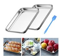 THATSRAD 2 PCS Plaque de Cuisson en Acier Inoxydable 26*20*2.5cm Plaque à Pâtisserie pour Four Plaque à Pâtisserie Antiadhésive Plat de Cuisson Rectangulaire avec 1 Brosse Silicone pour Viande Légume