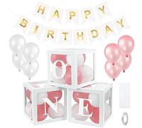 THATSRAD 3 PCS Boîte de Décorations de Fête d'Anniversaire 1 An Boîtes à Ballons de Décoration Cube Decoration Anniversaire Lettre Décorations de Fête d'Anniversaire avec 24 Ballons et Bannière