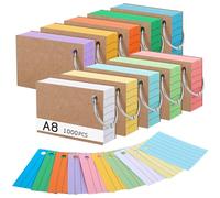 Thboxes 1000 Fiches Bristol A8 Lignées, Flash Cards 150 g/m² avec Couverture Kraft Anneaux de Reliure Cartes de Révision Perforée Multicolores pour Vocabulaire Notes Étude Bureau (7,4 x 5,2 cm)