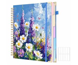 Thboxes 280 Pages Large Spiral Lined Notebooks for Work, 5 Subject A4 Journal Notebooks with Dividers Tabs Pockets 8''x 10'' College Ruled for Women Men Study & Office Organization,Purple flowers