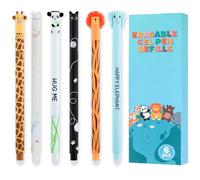 Thboxes 6 Pcs Stylos Effaçables à Encre Thermosensible, Pointe Fine 0,7 mm Stylos Gel Effaçables Animaux pour Enfants Adultes Fournitures Scolaires et de Bureau, 3 Noirs 3 Bleus