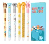 Thboxes 6 Pcs Stylos Gel Effaçables à Encre Thermosensible, Pointe 0,5 mm Stylo Effaçable Animaux avec Gomme pour Enfants Adultes Fournitures Scolaires et Bureau Cadeau Paques Enfant, Noirs et Bleus