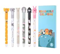 Thboxes Lot de 6 stylos à bille effaçables, 0,7 mm, stylos à encre gel avec motifs animaux, adaptés pour écrire, dessiner et prendre des notes à l'école et au bureau (noir, bleu)