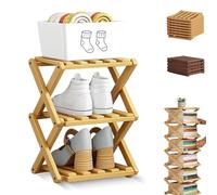 The 9-Tier No-Assembly Bamboo Rack, Foldable Vertical Shoe Organizer for Small Spaces, No-Tool Assembly, Foldable Storage Shelf for Shoes, Books & Home Storage, Sturdy & Stable (Natural wood,3 Tier)