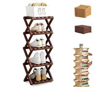 The 9-Tier No-Assembly Bamboo Rack, Foldable Vertical Shoe Organizer for Small Spaces, No-Tool Assembly, Foldable Storage Shelf for Shoes, Books & Home Storage, Sturdy & Stable (Brown,5 Tier)
