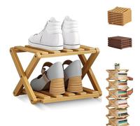 The 9-Tier No-Assembly Bamboo Rack, Foldable Vertical Shoe Organizer for Small Spaces, No-Tool Assembly, Foldable Storage Shelf for Shoes, Books & Home Storage, Sturdy & Stable (Natural wood,2 Tier)