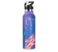 The American Flag Firework Bouteille d'eau isotherme sans BPA réutilisable avec couvercle à bec verseur anti-fuite à double paroi sous vide pour sport, gym, extérieur, voyage, école - 591 ml