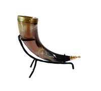 THE ANTIQUE HOUSE Gobelet viking médiéval en corne de bœuf - Tasse à bière - Avec table de bureau - Support en fer