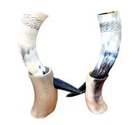 THE ANTIQUE HOUSE Lot de deux tasses viking africaines en corne à boire - Gravure viking - Pour vin, hydromel et bière - Véritable tasse polonaise avec support - 33 à 38 cm - Tasse de qualité