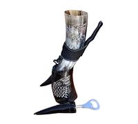 THE ANTIQUE HOUSE Véritable tasse Viking en corne de bière, tasse à vin avec support et décapsuleur, support en cuir, tasse de qualité alimentaire