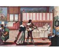 The Apothecary preparing to administer an lavement to a malade patient after a 17th century work by Abraham Boss From Modes and Manners publié 1935. Affiche imprimée par Hilary Jane Morgan (17 x 12)