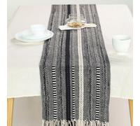 The Art Box Chemin de Table tressé à Rayures de Style Rustique en Coton avec Pompons pour Cuisine, Salle à Manger, décoration d'intérieur - Noir - 38 x 183 cm