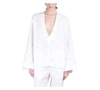The Attico - Blusa in popeline scollo profondo a V stampa logo all-over maniche lunghe - Femme - Blouses et Chemises - Blanc - Taille: 36 FR