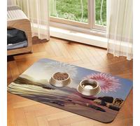 The Beach and Fireworks at Sunset Tapis d'alimentation pour chien et chat en cuir absorbant la nourriture pour gamelle d'eau Imperméable sans taches Séchage rapide Antidérapant 45 x 30 cm
