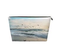 The Beach with Sea Birds Prints Trousse de toilette de voyage en cuir PVC avec fermetures éclair dorées, organiseur étanche pour maquillage, articles de toilette et essentiels, doré, Taille unique