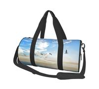 The Beach with Sea Birds Sac de voyage pour homme et femme, sac fourre-tout rond en polyester imprimé avec bandoulière, Noir , Taille unique