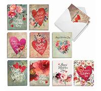 The Best Card Company 20 Assorted Valentine's Day Note Cards Bulk Box Set 4 x 5.12 Inch with Envelopes (10 Designs, 2 Each) Hearts and Flowers AM10413VDG-B2x10