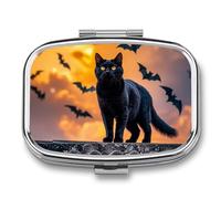 The Black Cat is Pacing on The RoofPill Organizer avec miroir, pilulier de voyage en métal à 2 compartiments, récipient à médicaments hebdomadaire pour médicaments quotidiens, design compact et