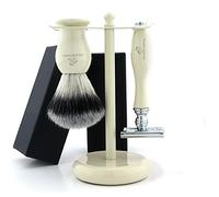 The Body Tools Ensemble de rasage avec rasoir de sécurité à double tranchant, blaireau de rasage en poils synthétiques avec support de rasage - Kit de rasage 3 pièces couleur ivoire - Kit de blaireau