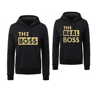 The Boss The Real Boss Couple Sweatshirt À Capuche pour Femme Homme Manches Longues Couple Pull Assorti Couple Pullover Hoodie Noir Blanc Gris 1 Pièce(Or-Noir-Men,S)
