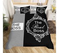 The Boss The Real Boss Parure de lit avec housse de couette noire et blanche pour lit super king size Gris