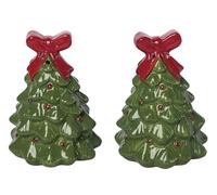 The Bridge Collection Salière et poivrière en céramique verte en forme de sapin de Noël - Accessoires de table de Noël - Ensemble salière et poivrière en forme d'arbre de Noël