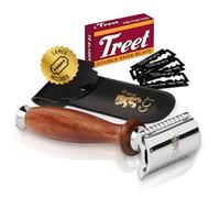 The Cambridge Cutthroat Rasoir de Sûreté pour Hommes Double Edge Safety Razor en Acier Inoxydable avec Manche en Bois Missanda, avec dix lames et étui de voyage, rasoir traditionnel pour rasage humide