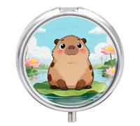 The Capybara in The Lotus Pond Pilulier rond mignon petit étui à huile de poisson portable 3 compartiments pilulier rond avec miroir pour vitamines médicaments suppléments cadeau