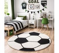 the carpet Beat Kids Tapis doux et douillet pour enfant - Facile d'entretien - Couleurs résistantes - Motif football - Noir/crème - 160 cm - Rond